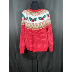 Ugly Christmas Sweater, Holiday Time, Jrs L/G 12-14, Red with Holly Berries
